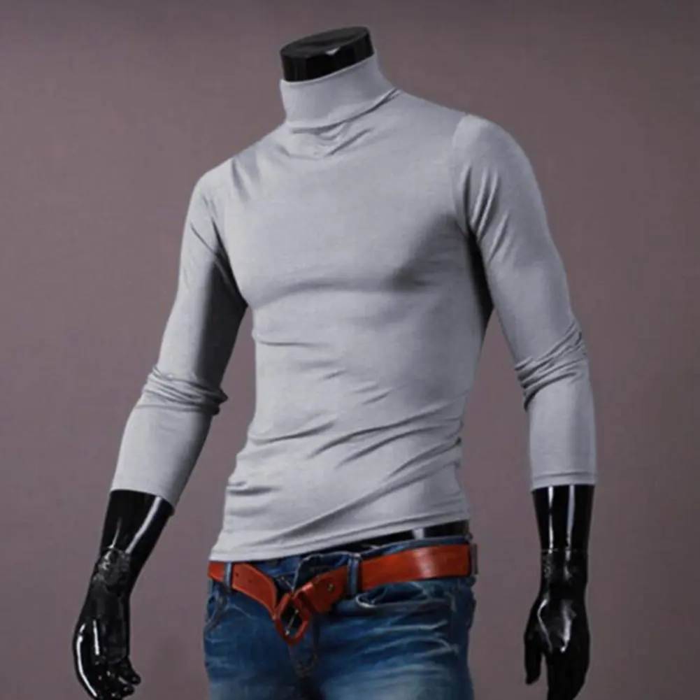 2025 T-shirt Solid Color Long Sleeve Cotton Men Turtleneck Slim Basic Top Spring High Neck Slim Fit Base Long Sleeved Top