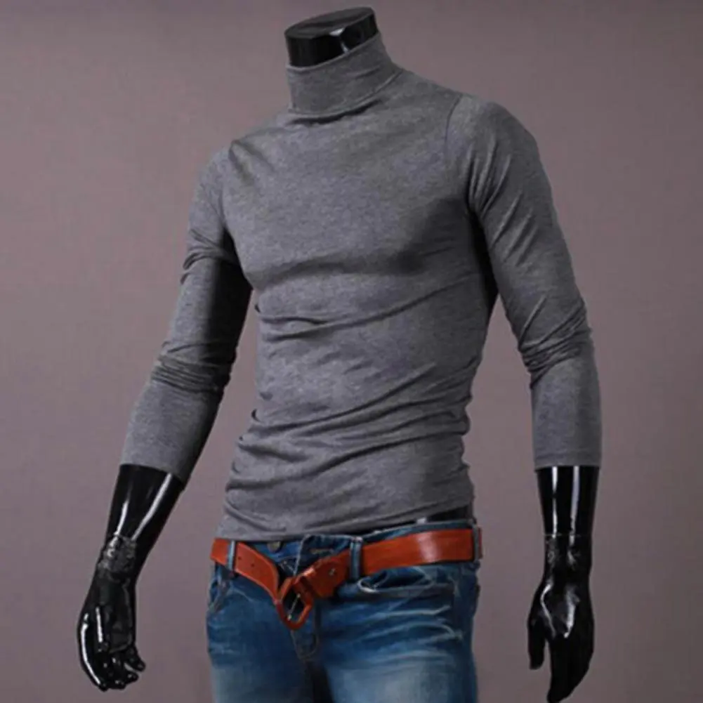 2025 T-shirt Solid Color Long Sleeve Cotton Men Turtleneck Slim Basic Top Spring High Neck Slim Fit Base Long Sleeved Top