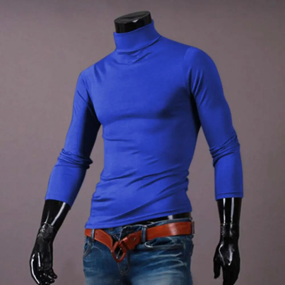 2025 T-shirt Solid Color Long Sleeve Cotton Men Turtleneck Slim Basic Top Spring High Neck Slim Fit Base Long Sleeved Top