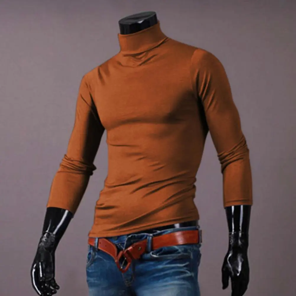 2025 T-shirt Solid Color Long Sleeve Cotton Men Turtleneck Slim Basic Top Spring High Neck Slim Fit Base Long Sleeved Top