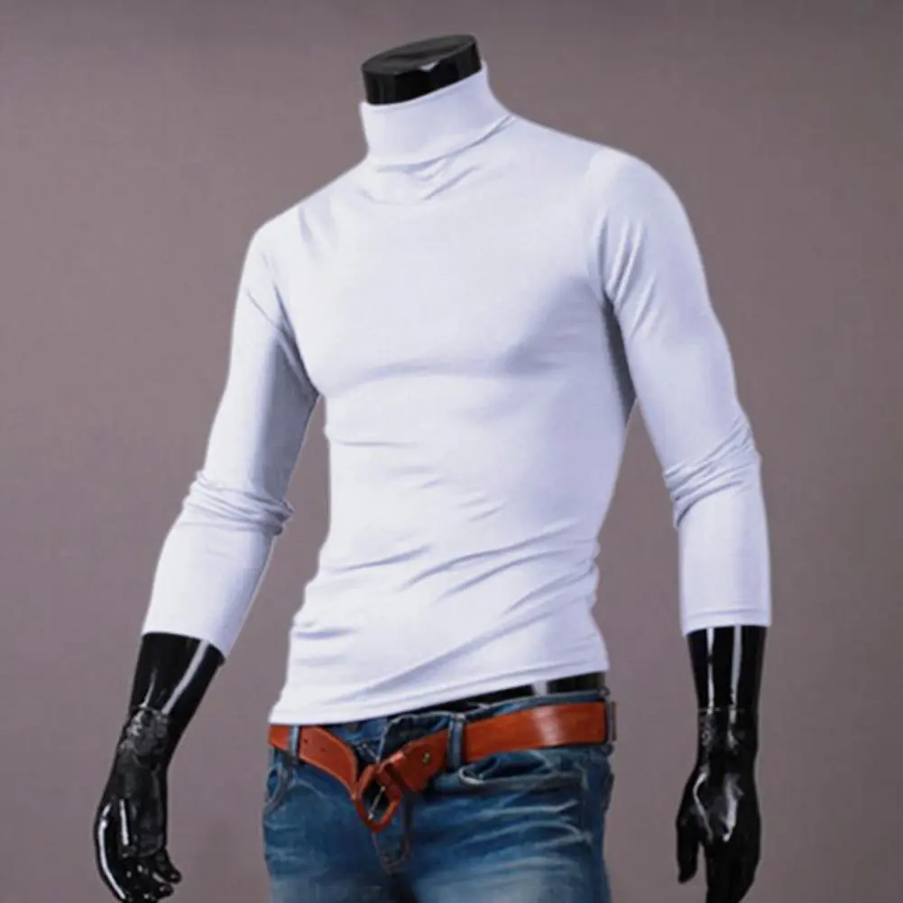2025 T-shirt Solid Color Long Sleeve Cotton Men Turtleneck Slim Basic Top Spring High Neck Slim Fit Base Long Sleeved Top