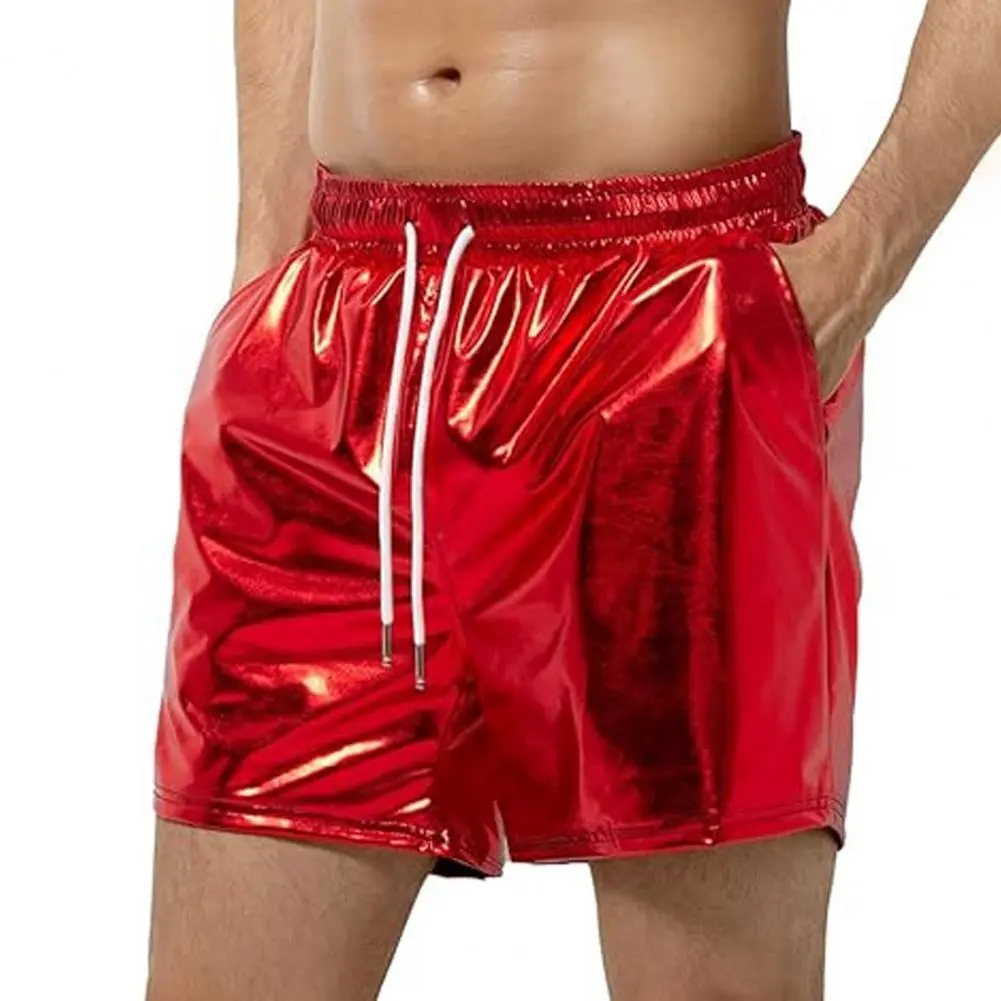 Men Glossy Surface Shorts Elastic Waist Wide Leg Wide Leg Vacation Shorts Sparkling Night Club Bar Party Casual Short Pants