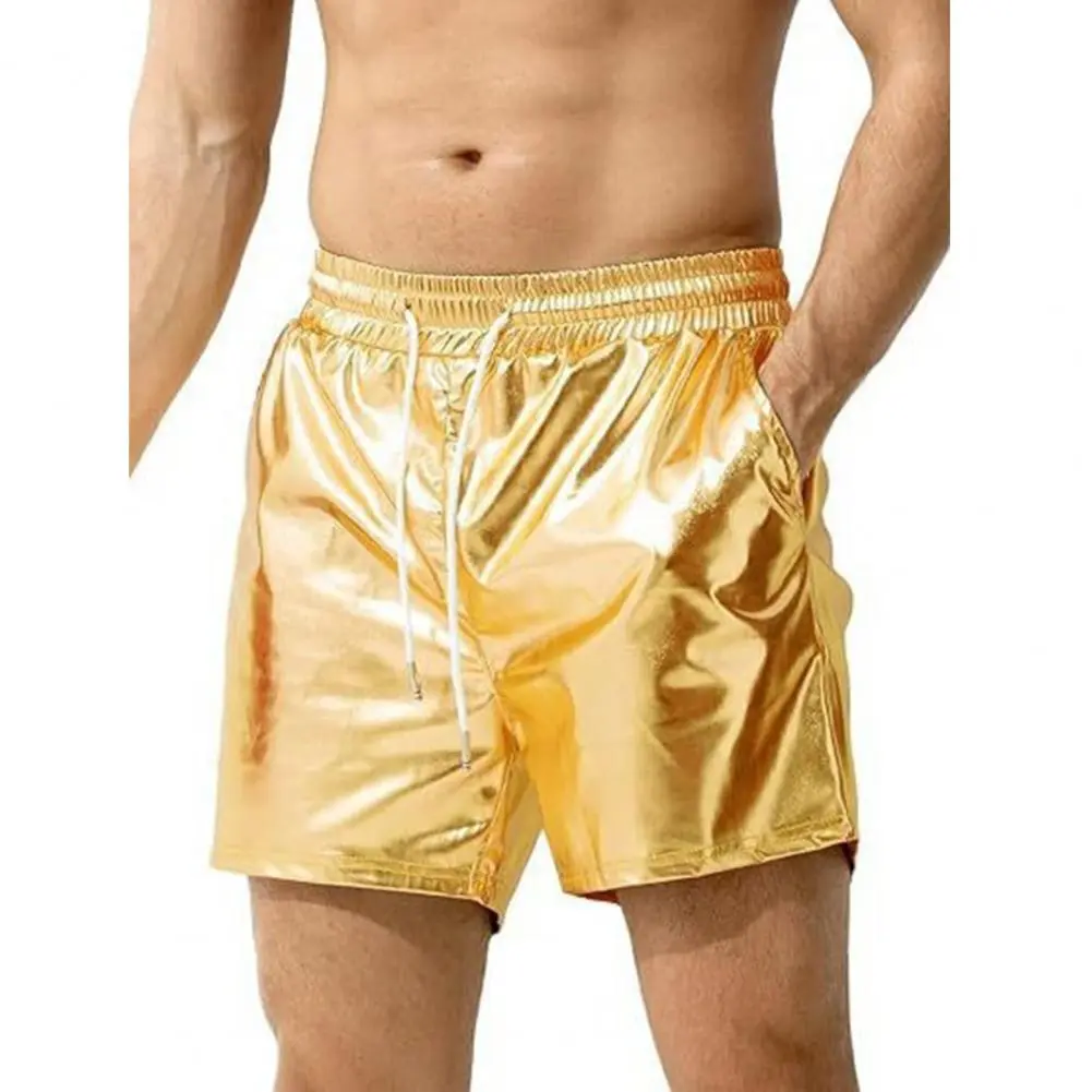 Men Glossy Surface Shorts Elastic Waist Wide Leg Wide Leg Vacation Shorts Sparkling Night Club Bar Party Casual Short Pants