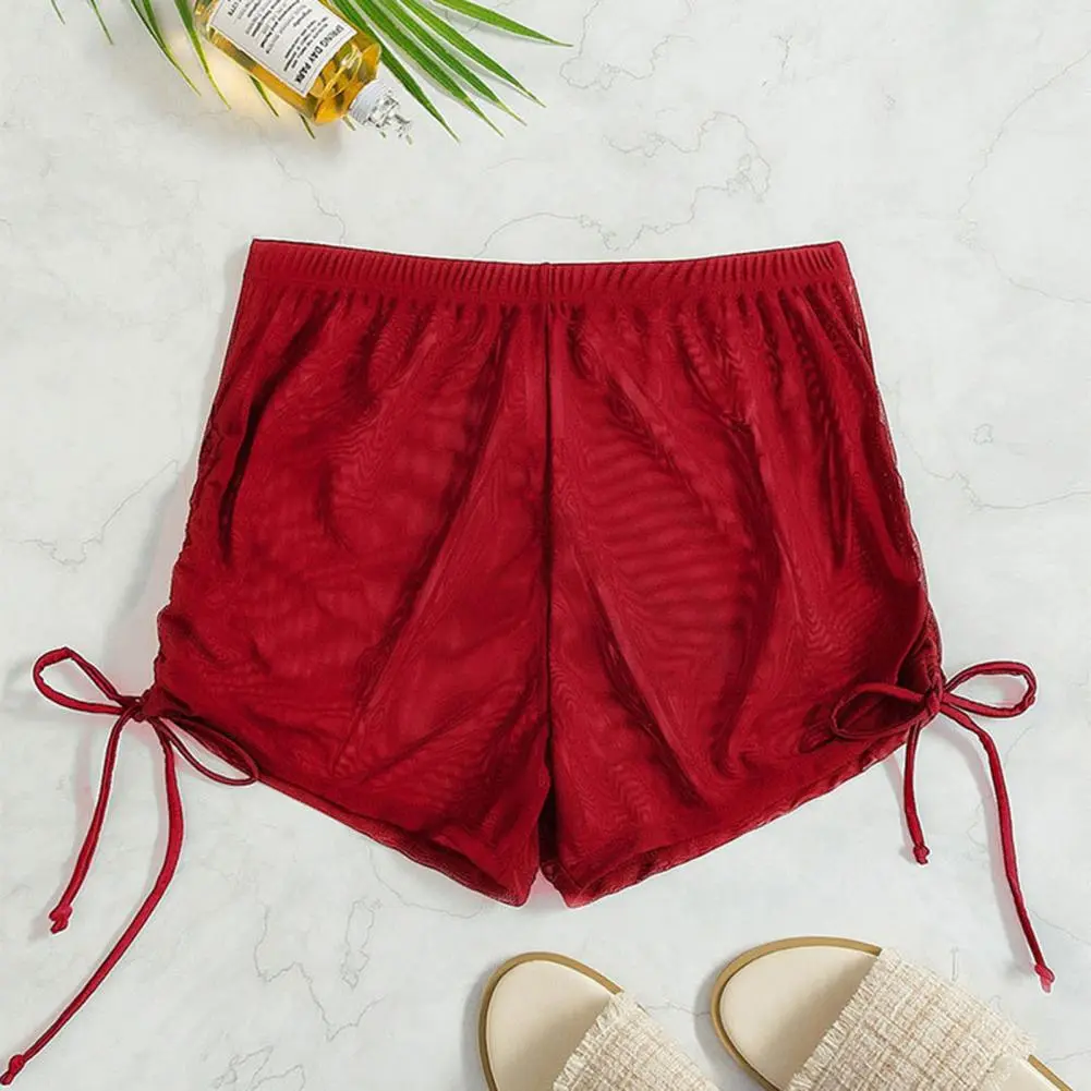 2025 Side Drawstring High Waist Elastic Waistband Swimming Trunks Women See-through Bikini Shorts Beachwear