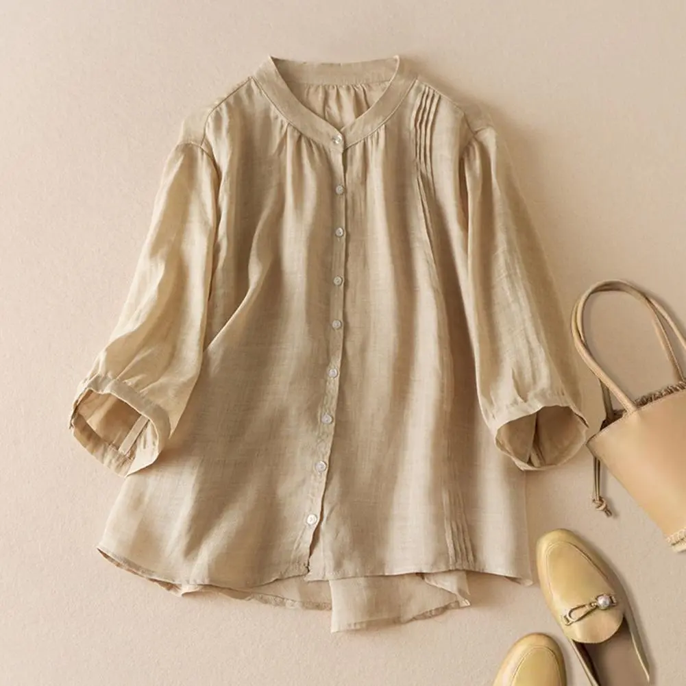Cotton Linen Women Shirt Stand Collar Half Sleeve Buttons Placket Shirt Tops Solid Color Pleated Casual Shirt Summer Wear