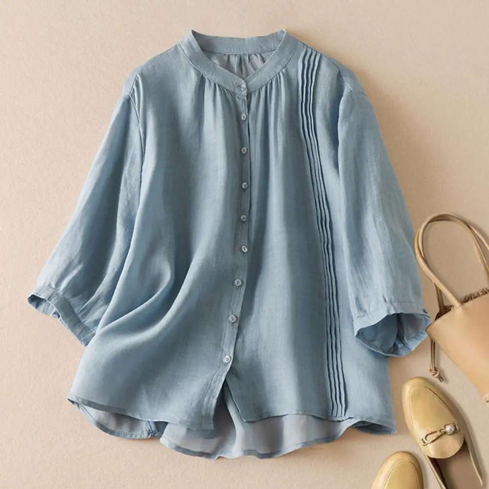 Cotton Linen Women Shirt Stand Collar Half Sleeve Buttons Placket Shirt Tops Solid Color Pleated Casual Shirt Summer Wear