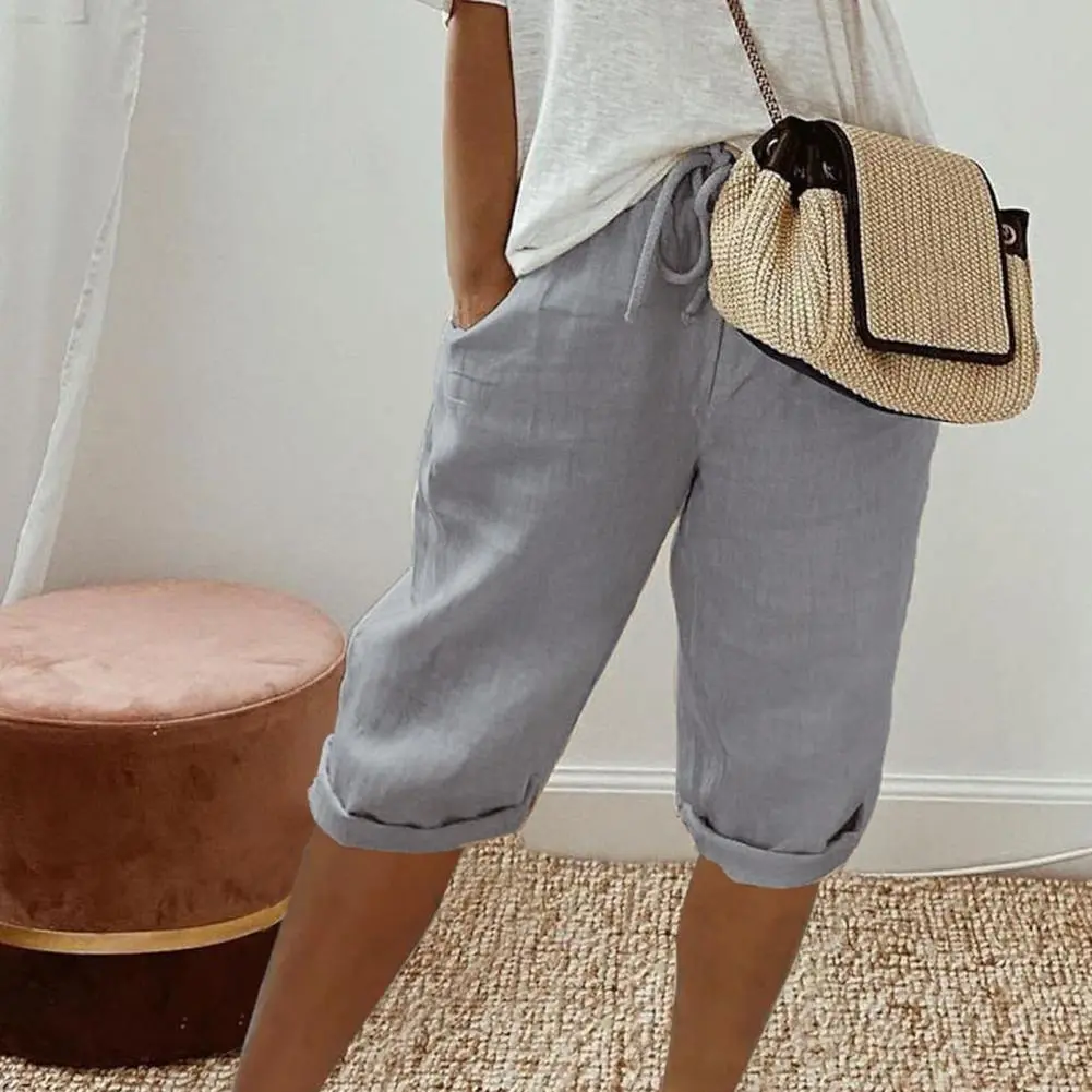 2025 Summer Casual Wide-leg Shorts Elastic Drawstring Waist Solid Color Shorts Loose Fit Comfortable Cropped Versatile Trousers
