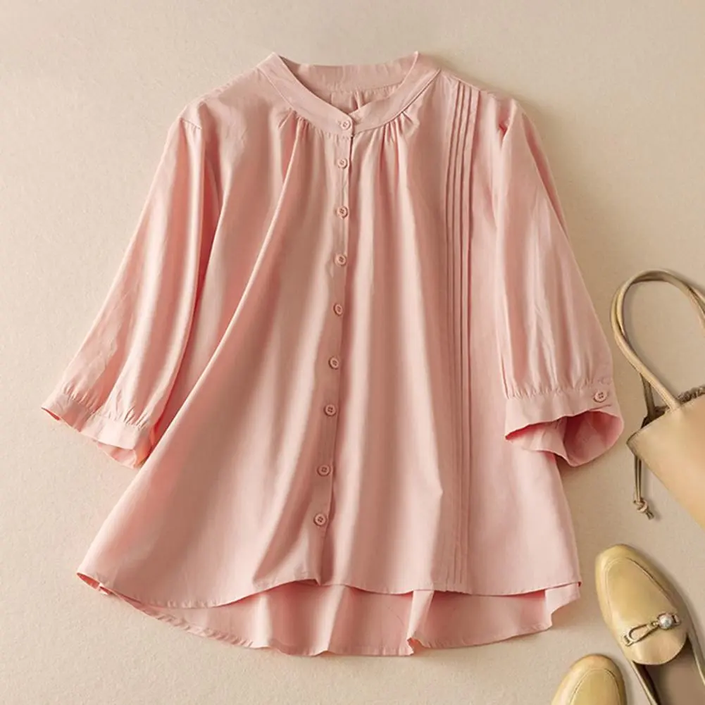 Cotton Linen Women Shirt Stand Collar Half Sleeve Buttons Placket Shirt Tops Solid Color Pleated Casual Shirt Summer Wear