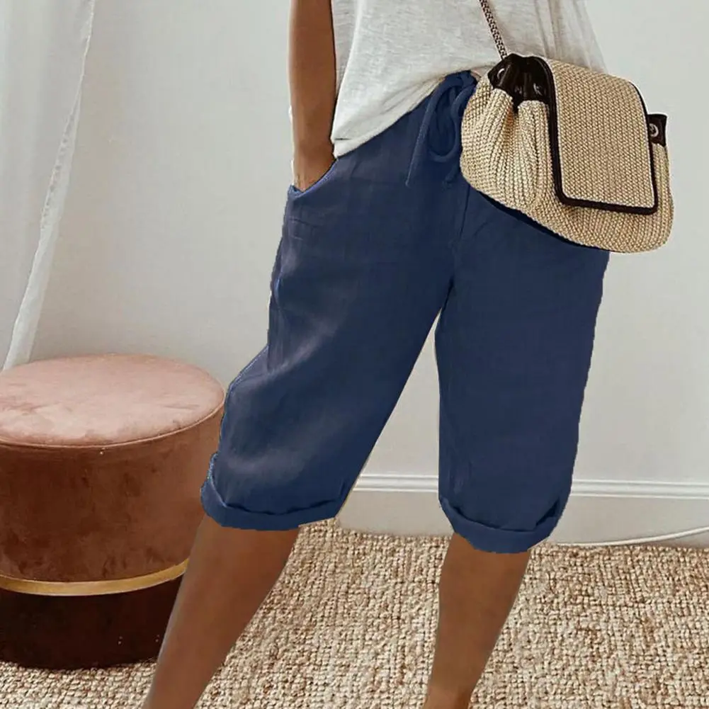 2025 Summer Casual Wide-leg Shorts Elastic Drawstring Waist Solid Color Shorts Loose Fit Comfortable Cropped Versatile Trousers