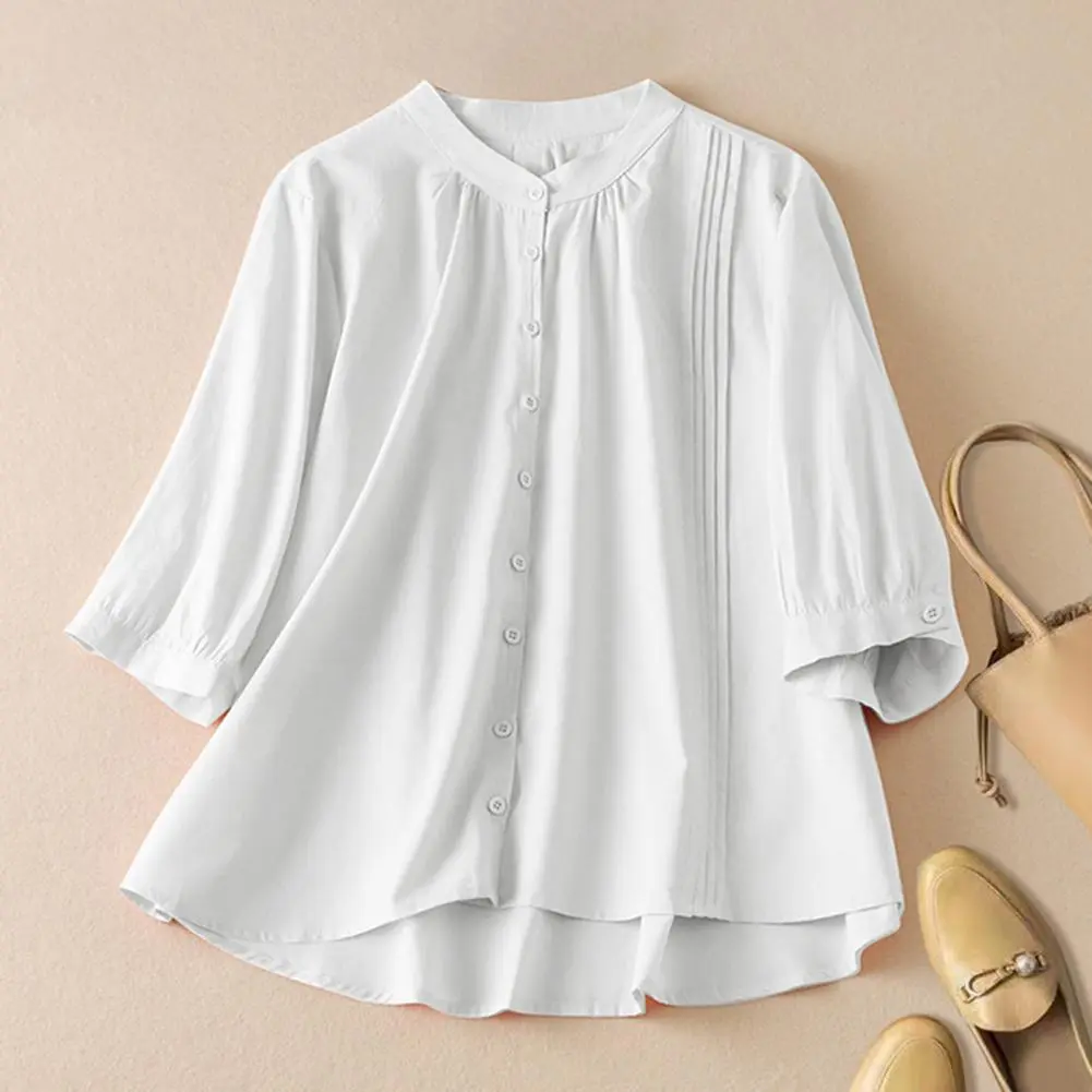 Cotton Linen Women Shirt Stand Collar Half Sleeve Buttons Placket Shirt Tops Solid Color Pleated Casual Shirt Summer Wear