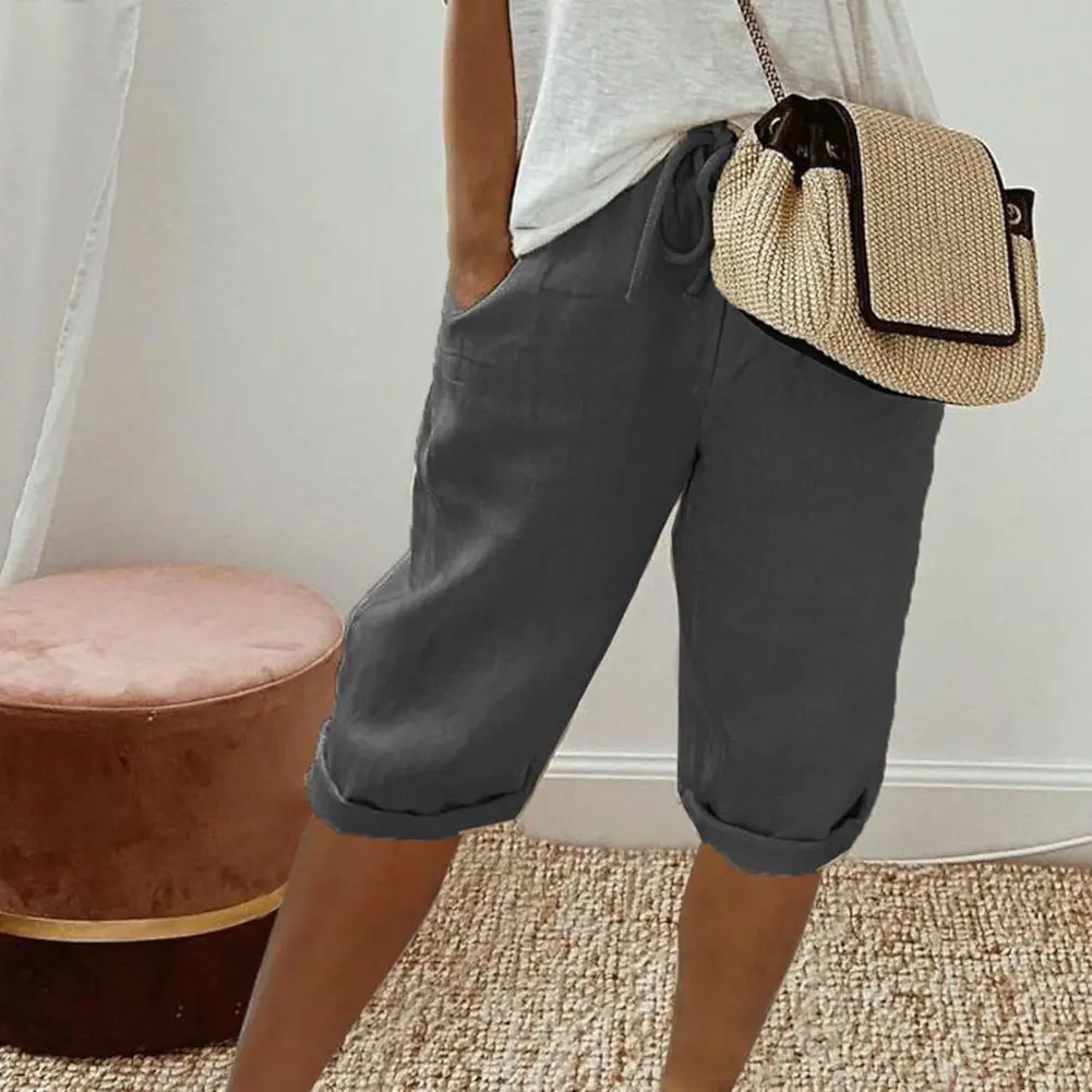 2025 Summer Casual Wide-leg Shorts Elastic Drawstring Waist Solid Color Shorts Loose Fit Comfortable Cropped Versatile Trousers