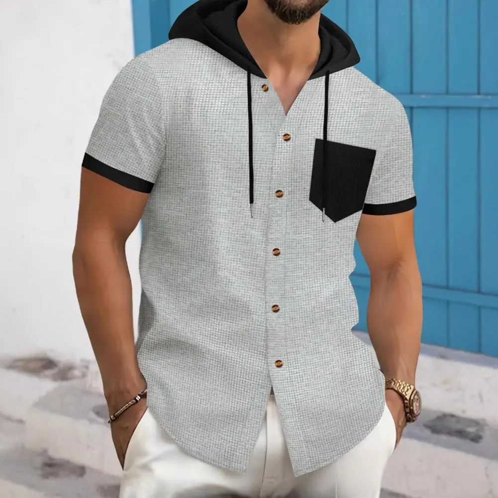 Waffle Color Block Casual Hoodie T-shirt Men's 2025 Hooded T-shirt Short Sleeved Tee Chest Pocket Breathable Men Shirts
