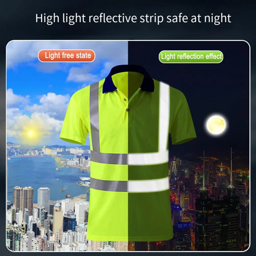 High Visibility Safety T-Shirt Button Lapel Tee Shirt Reflective Tape Breathable Security Top Construction Worker Reflective Tee