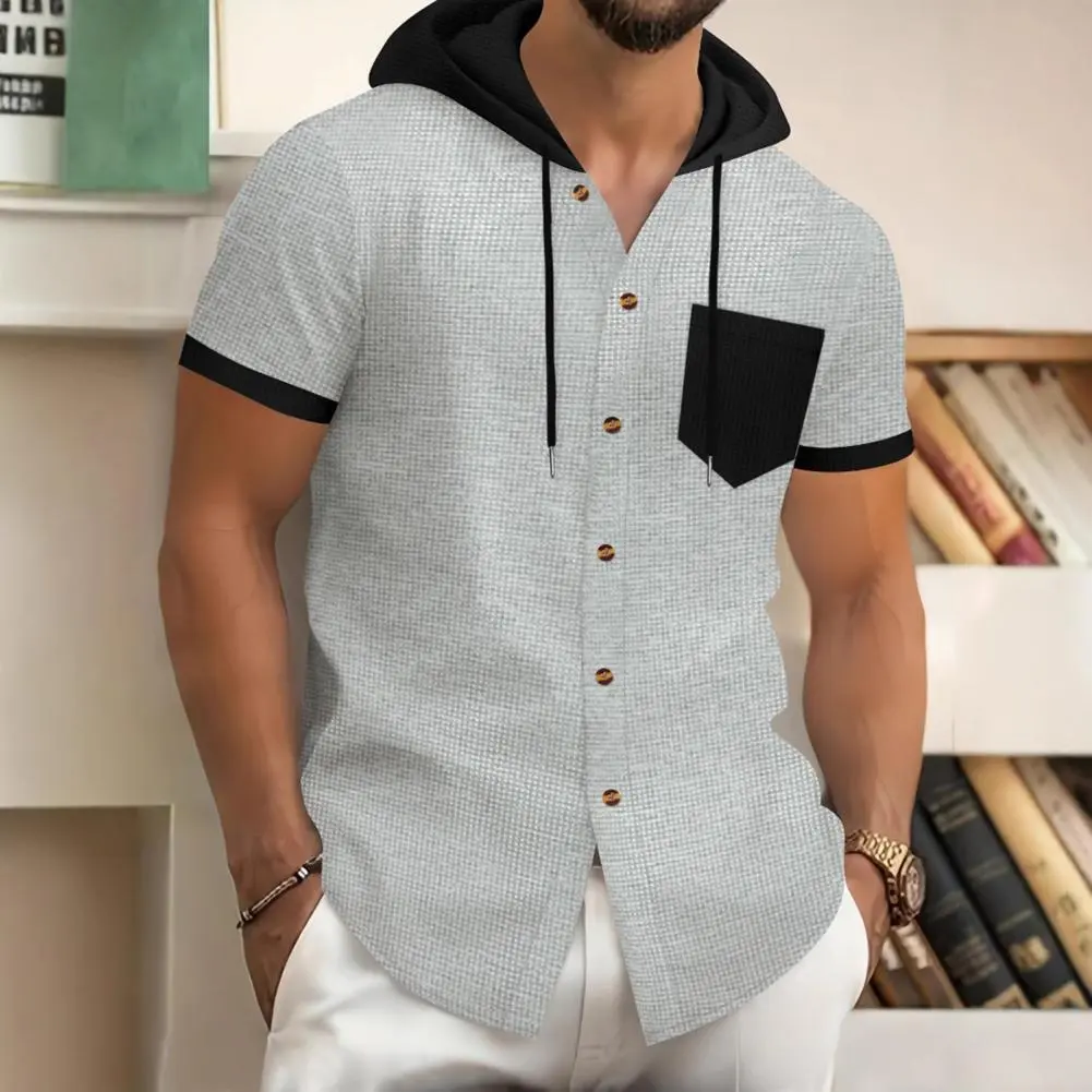 Waffle Color Block Casual Hoodie T-shirt Men's 2025 Hooded T-shirt Short Sleeved Tee Chest Pocket Breathable Men Shirts
