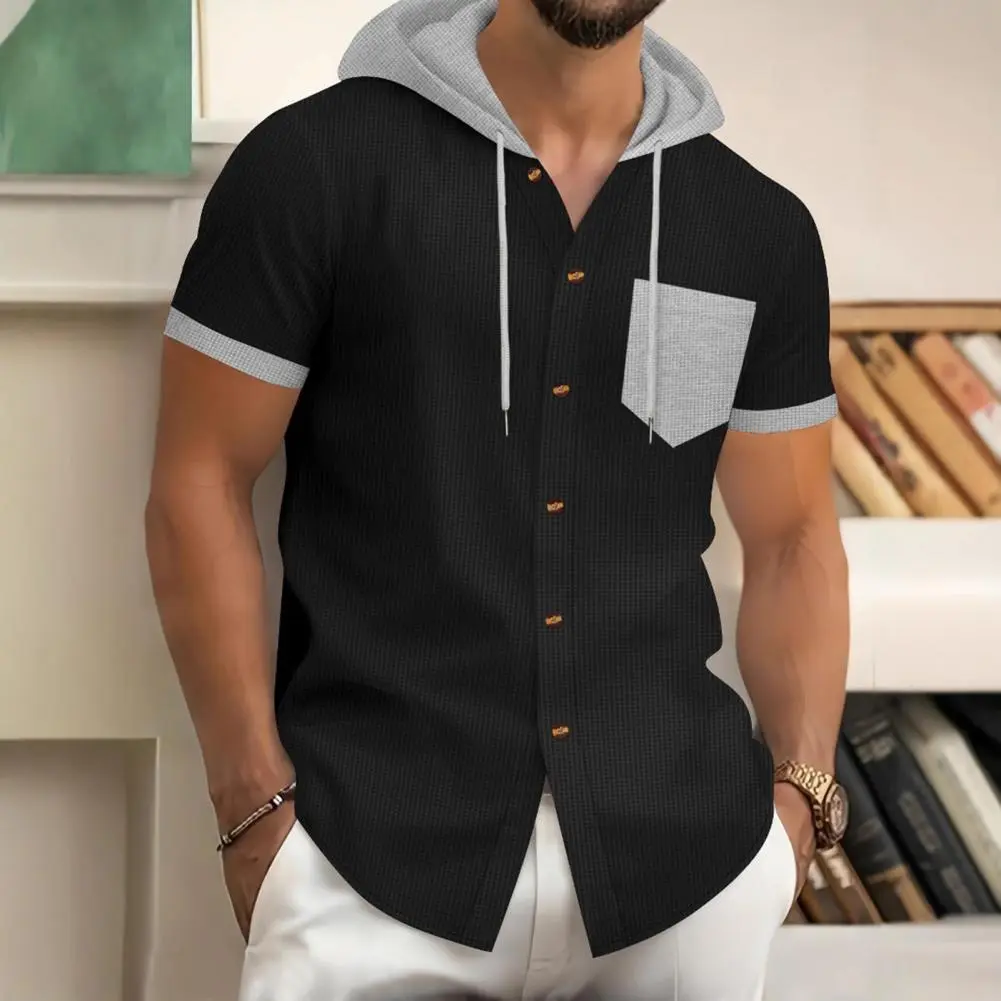 Waffle Color Block Casual Hoodie T-shirt Men's 2025 Hooded T-shirt Short Sleeved Tee Chest Pocket Breathable Men Shirts