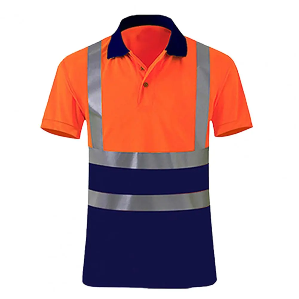 High Visibility Safety T-Shirt Button Lapel Tee Shirt Reflective Tape Breathable Security Top Construction Worker Reflective Tee