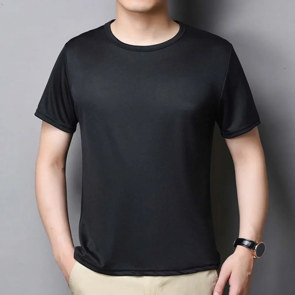 2025 Summer Men Top Ice Silk Quick-drying Short Sleeves O Neck Loose Elastic Fit Tee Thin Breathable Elastic Casual Pullover