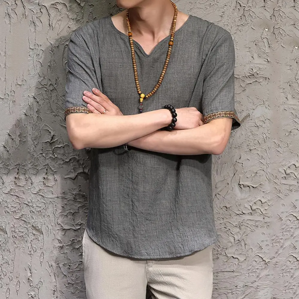 Retro Men Linen Rhombus Patchwork Short Sleeve V Neck T-Shirt Top Summer Men's Casual Chinese Style Retro Cotton Linen T-shirt