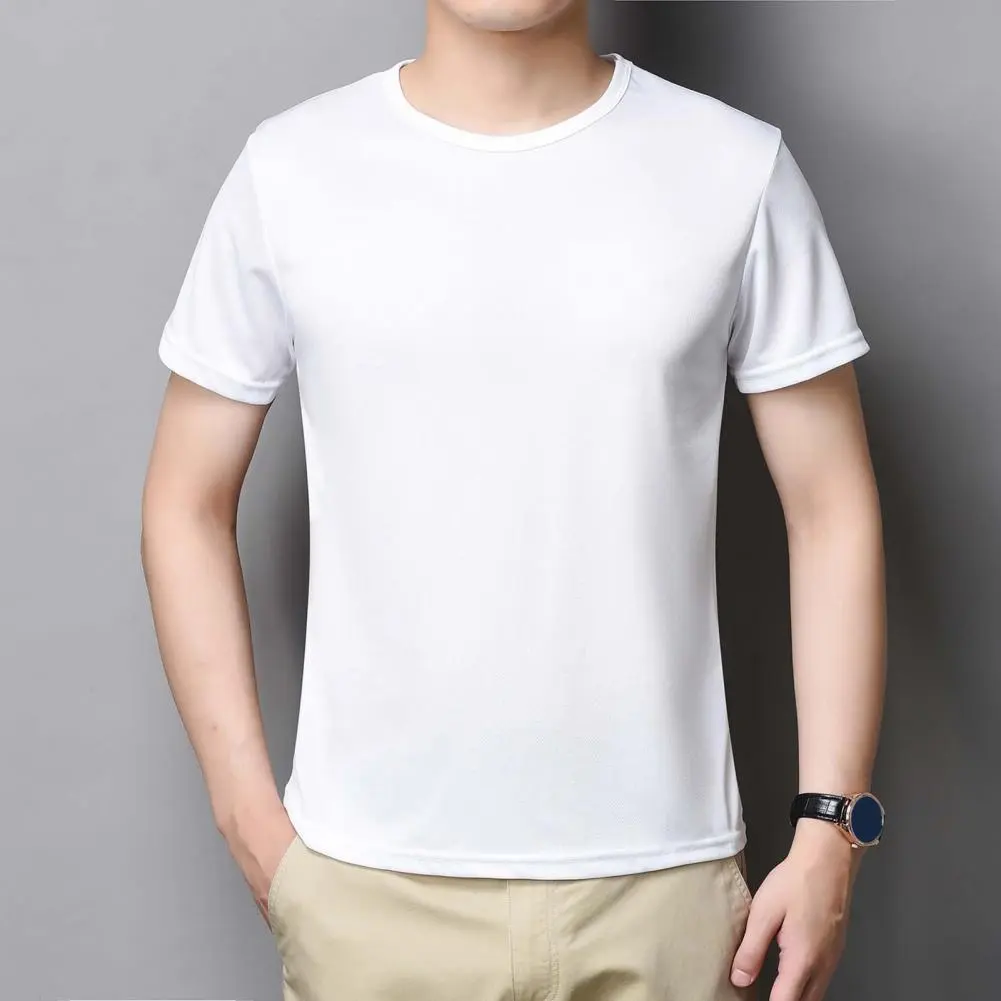 2025 Summer Men Top Ice Silk Quick-drying Short Sleeves O Neck Loose Elastic Fit Tee Thin Breathable Elastic Casual Pullover