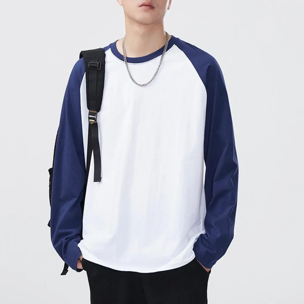 Trendy Men T Shirt Cotton Long-sleeved T-shirt Men's Contrast Stitching Bottoming Shirt Loose O Neck Men's Spring T-shirt Top