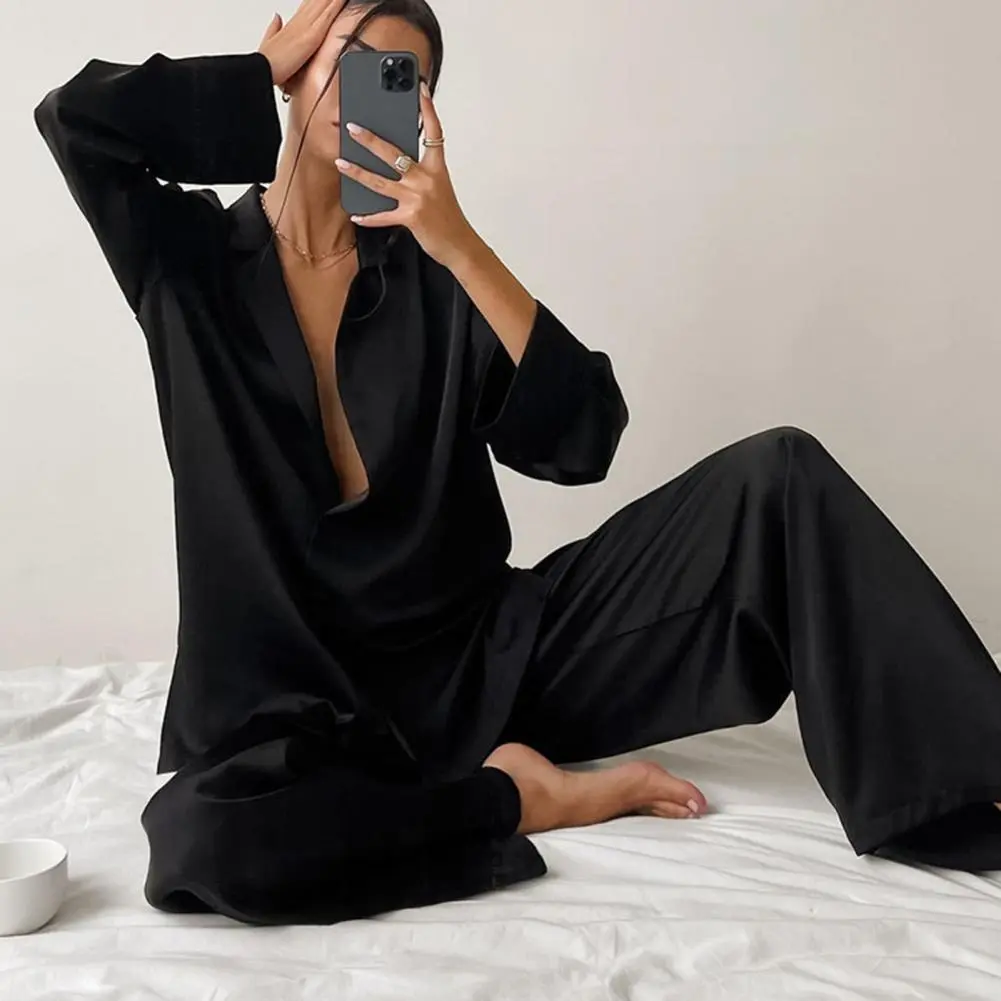 Ladies Pajama Set Long-sleeve Top Trousers Set Stylish Women's Homewear Set Loose Lapel Shirt Wide Leg Pants Soft Pajamas Set