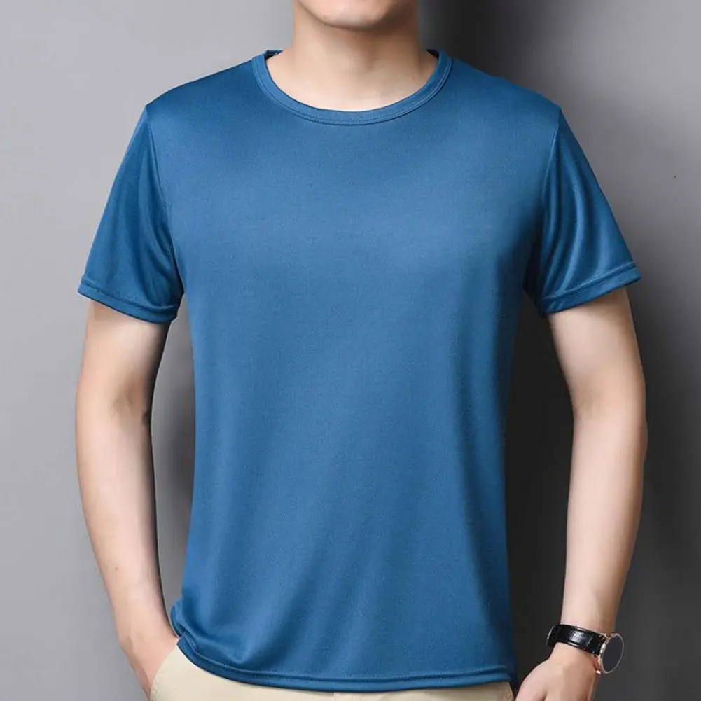 2025 Summer Men Top Ice Silk Quick-drying Short Sleeves O Neck Loose Elastic Fit Tee Thin Breathable Elastic Casual Pullover