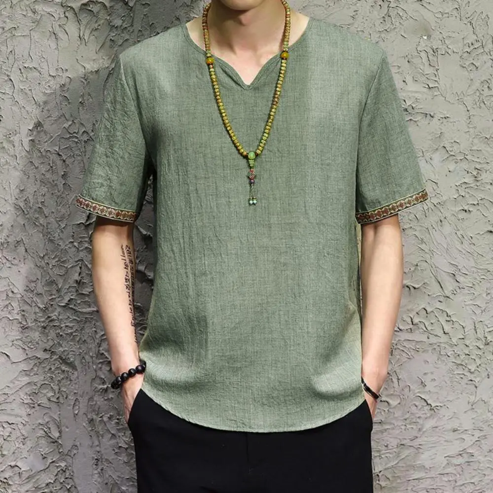 Retro Men Linen Rhombus Patchwork Short Sleeve V Neck T-Shirt Top Summer Men's Casual Chinese Style Retro Cotton Linen T-shirt