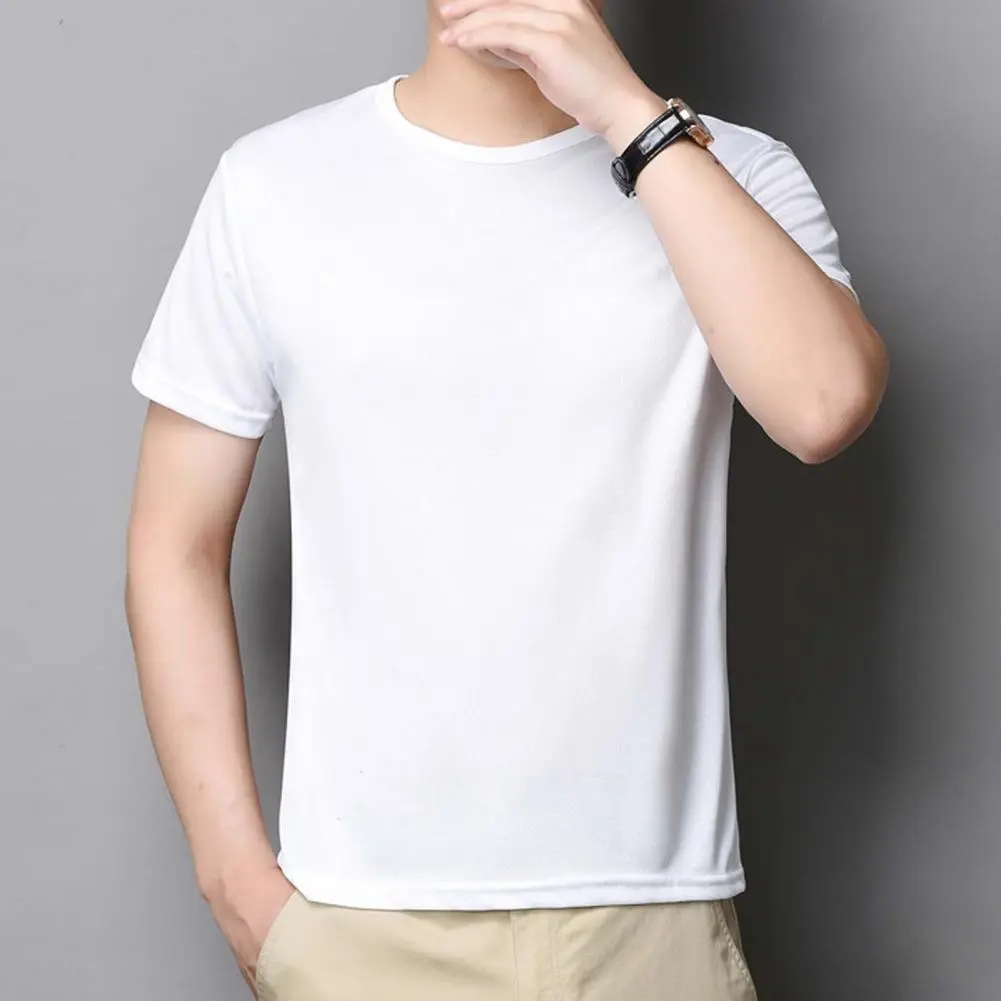 2025 Summer Men Top Ice Silk Quick-drying Short Sleeves O Neck Loose Elastic Fit Tee Thin Breathable Elastic Casual Pullover