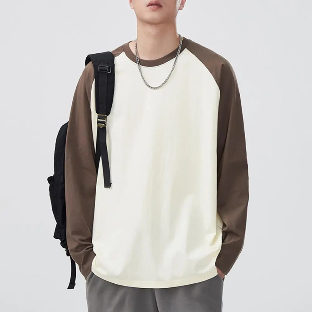 Trendy Men T Shirt Cotton Long-sleeved T-shirt Men's Contrast Stitching Bottoming Shirt Loose O Neck Men's Spring T-shirt Top