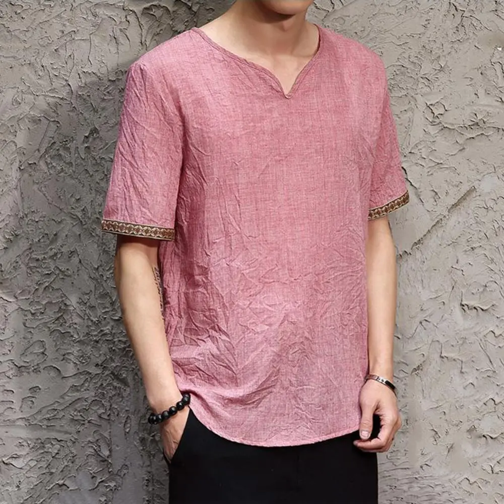Retro Men Linen Rhombus Patchwork Short Sleeve V Neck T-Shirt Top Summer Men's Casual Chinese Style Retro Cotton Linen T-shirt