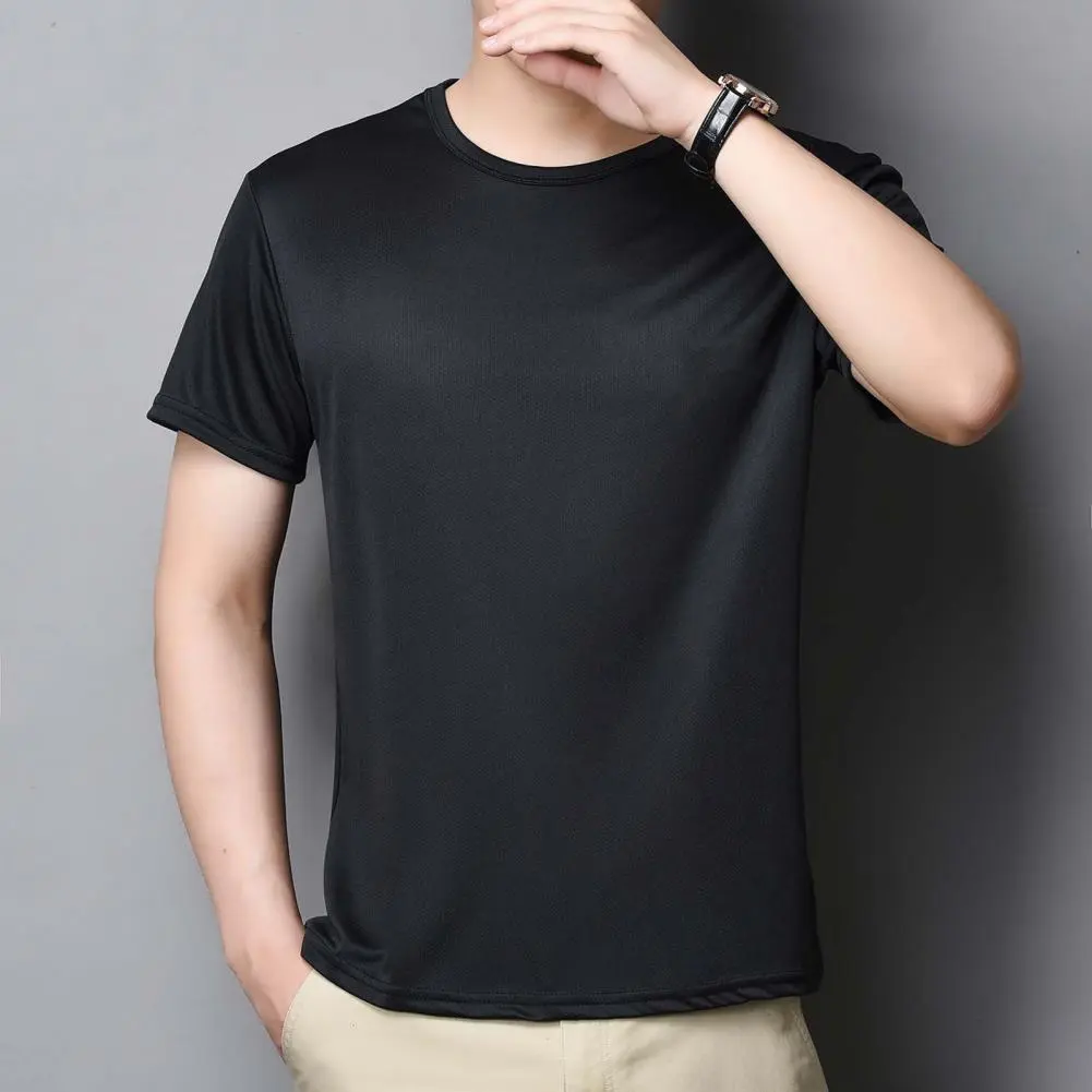 2025 Summer Men Top Ice Silk Quick-drying Short Sleeves O Neck Loose Elastic Fit Tee Thin Breathable Elastic Casual Pullover