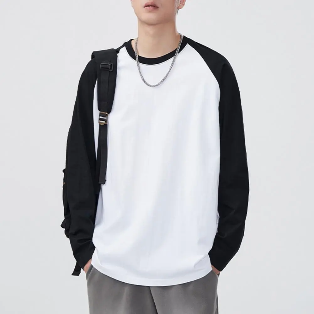 Trendy Men T Shirt Cotton Long-sleeved T-shirt Men's Contrast Stitching Bottoming Shirt Loose O Neck Men's Spring T-shirt Top