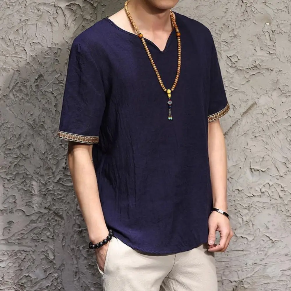 Retro Men Linen Rhombus Patchwork Short Sleeve V Neck T-Shirt Top Summer Men's Casual Chinese Style Retro Cotton Linen T-shirt