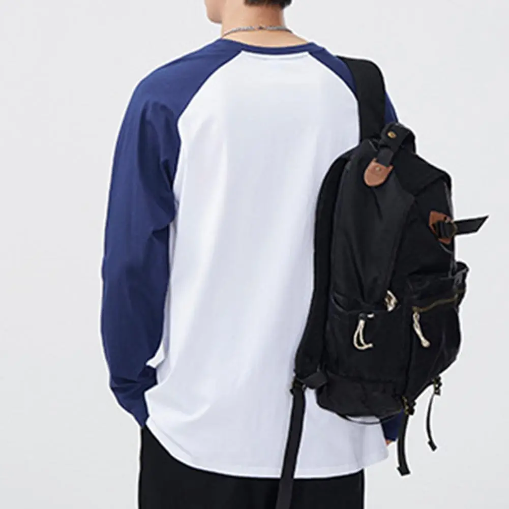 Trendy Men T Shirt Cotton Long-sleeved T-shirt Men's Contrast Stitching Bottoming Shirt Loose O Neck Men's Spring T-shirt Top
