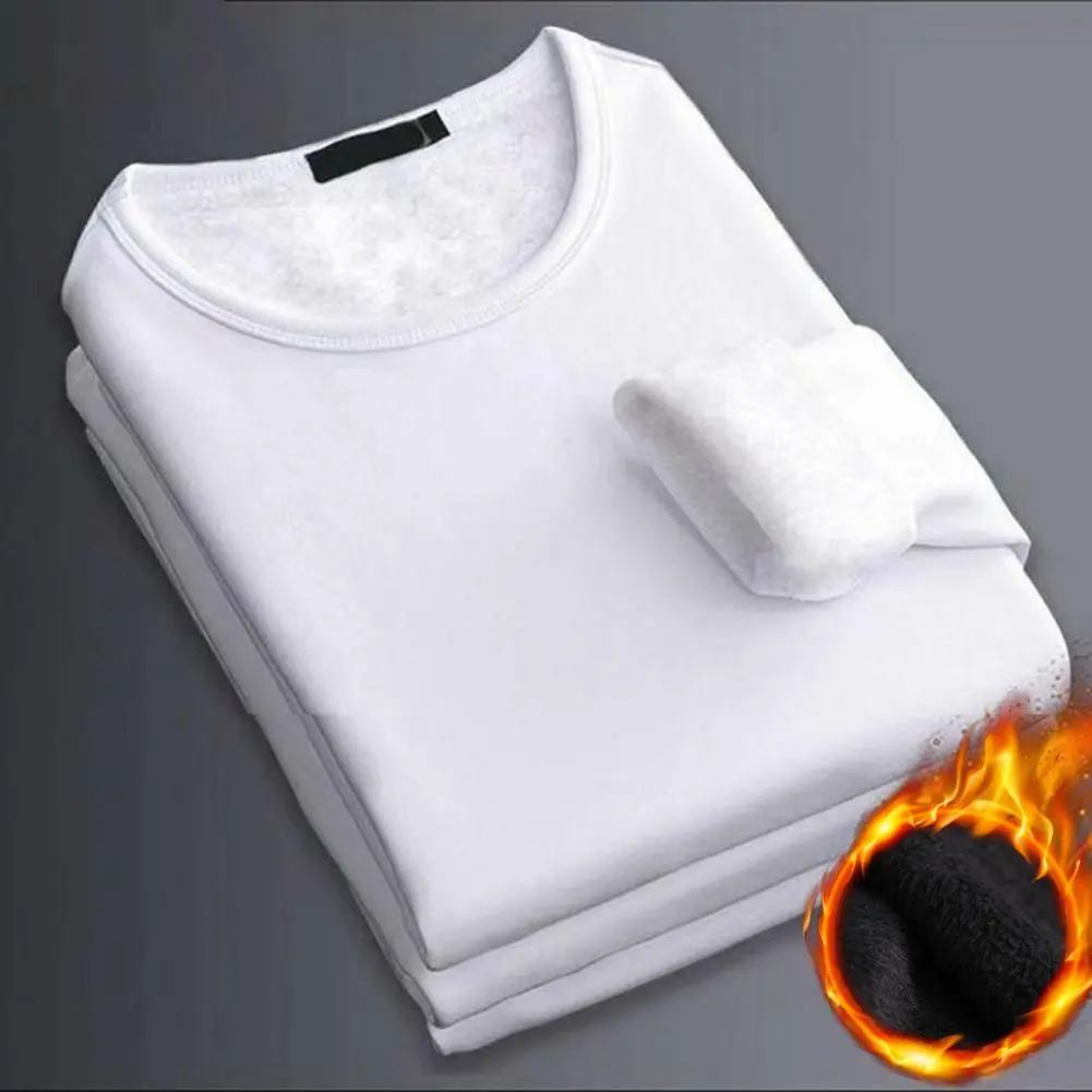 Men Base Shirt Solid Color Plush Pullover Thick Round Neck Keep Warm Long Sleeves T Shirt Casual Men Basic Shirt Thermal T-shirt