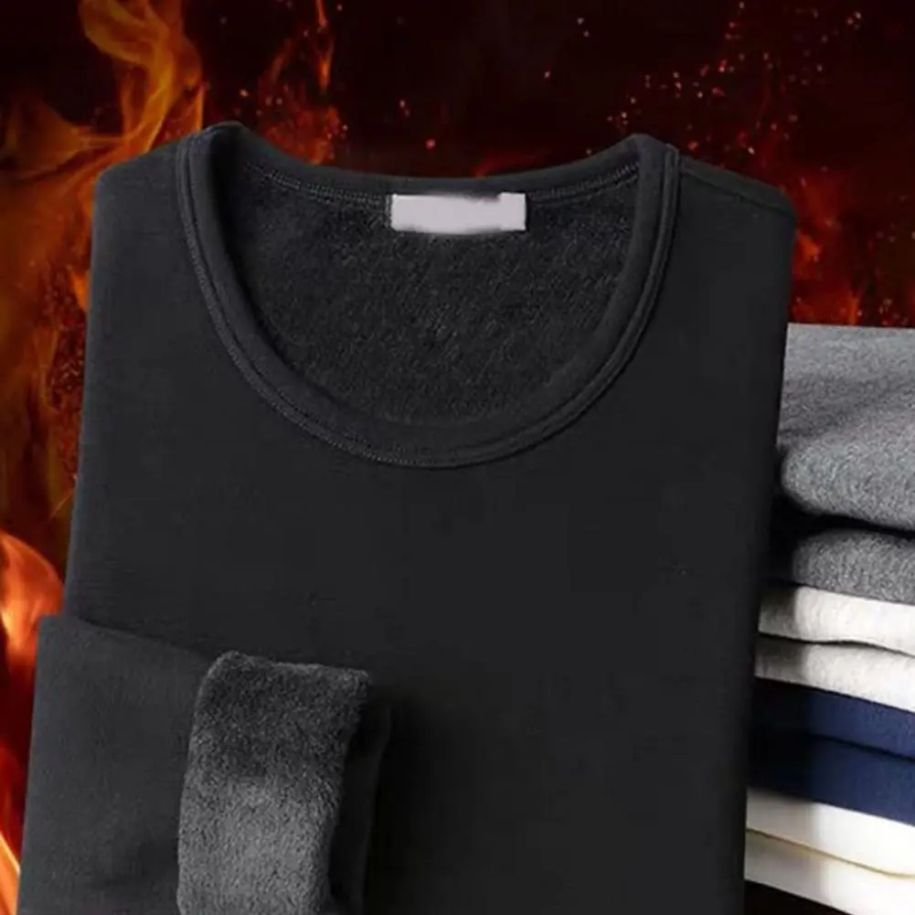 Men Base Shirt Solid Color Plush Pullover Thick Round Neck Keep Warm Long Sleeves T Shirt Casual Men Basic Shirt Thermal T-shirt