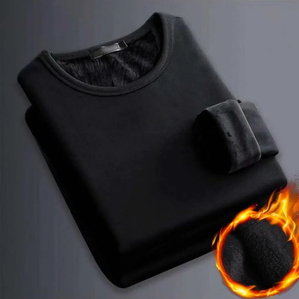 Men Base Shirt Solid Color Plush Pullover Thick Round Neck Keep Warm Long Sleeves T Shirt Casual Men Basic Shirt Thermal T-shirt