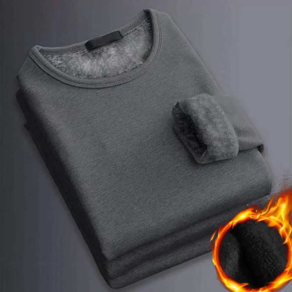 Men Base Shirt Solid Color Plush Pullover Thick Round Neck Keep Warm Long Sleeves T Shirt Casual Men Basic Shirt Thermal T-shirt