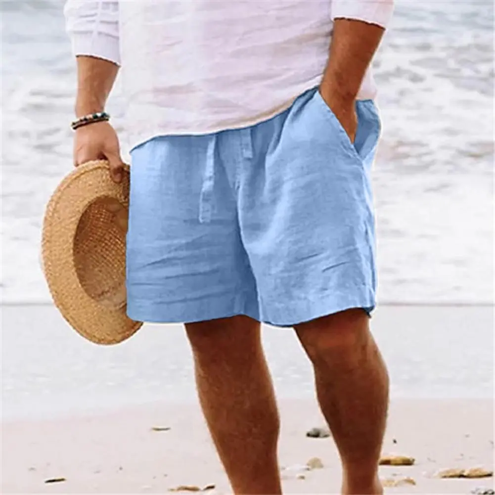 2025 Men's Shorts Summer Drawstring Elastic Waist Straight Leg Solid Color Comfortable Breathable Beach Pants Male Sweatpants