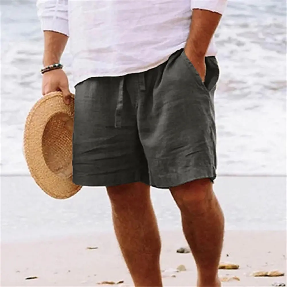 2025 Men's Shorts Summer Drawstring Elastic Waist Straight Leg Solid Color Comfortable Breathable Beach Pants Male Sweatpants