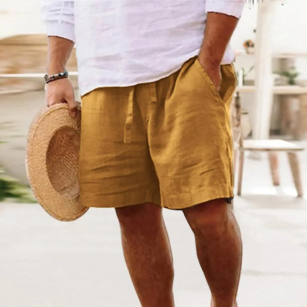 2025 Men's Shorts Summer Drawstring Elastic Waist Straight Leg Solid Color Comfortable Breathable Beach Pants Male Sweatpants