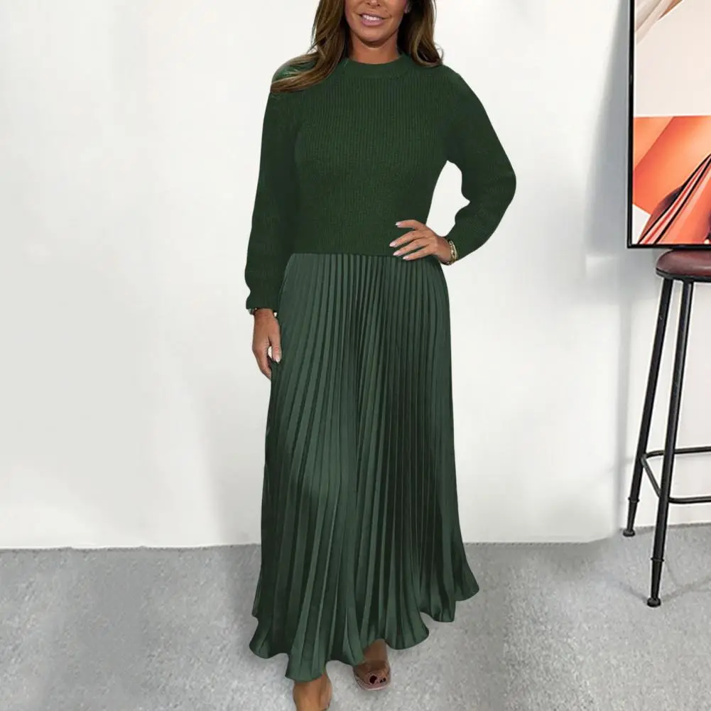 Women Sweater Dress Fall Winter Fake Two-piece Knitted Sweater Dress Solid Knitted Long Sleeved Sweater Patchwork Pleated Dress