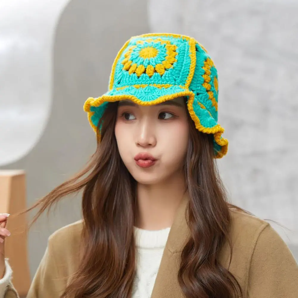 Korean Hollow Out Knitted Hat Crochet Bucket Hat Women Hollow Out Soft Knitted Hat Handmade Crochet Bucket Hats Fishman Hats
