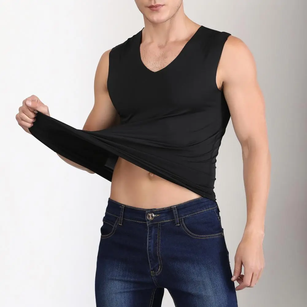 Ice Silk Men Fitness Vest V Neck Sleeveless High Elastic Bottoming Shirt Slim Fit Sports Vest  Casual Men Gym Sport Tank Top