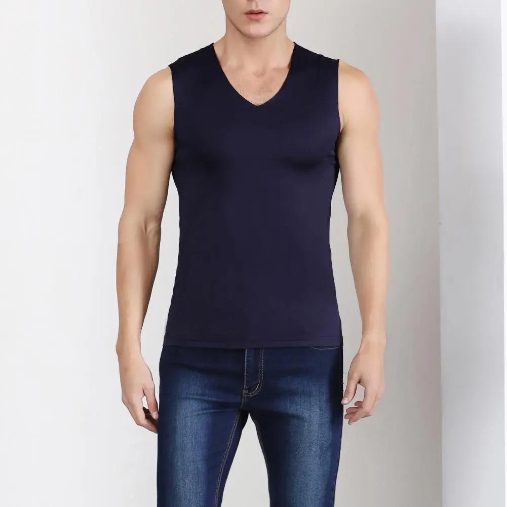 Ice Silk Men Fitness Vest V Neck Sleeveless High Elastic Bottoming Shirt Slim Fit Sports Vest  Casual Men Gym Sport Tank Top