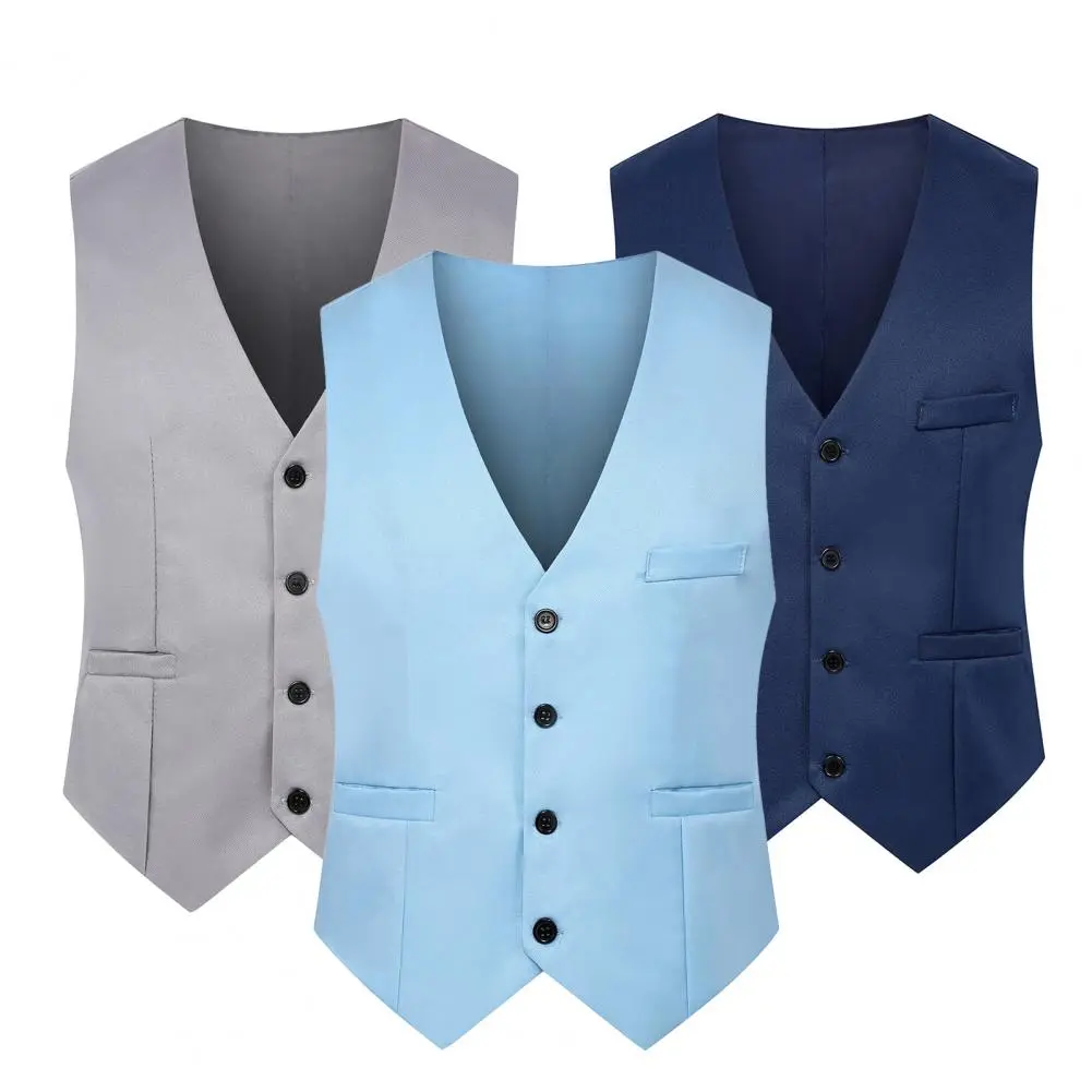 Men Waistcoat Solid Color Single-breasted V Neck Sleeveless Spring Vest for Work
