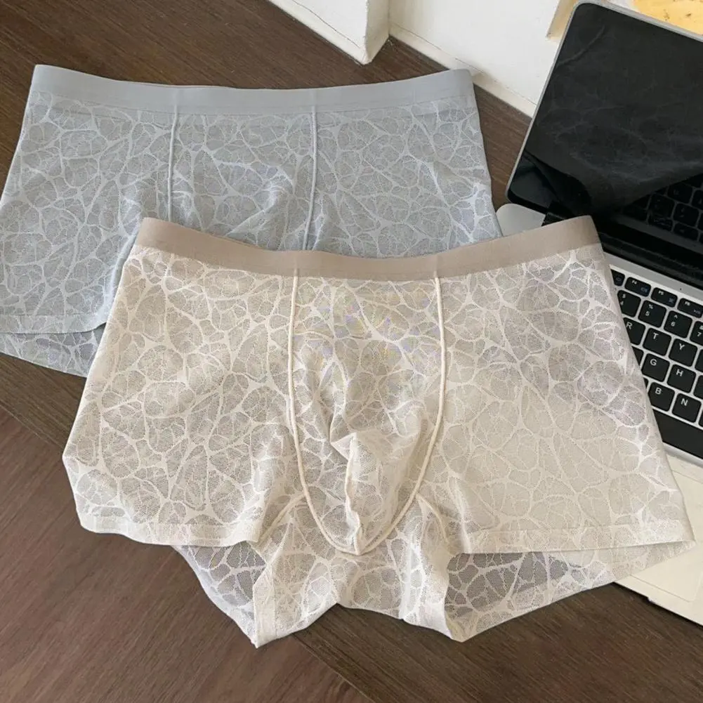 Men Elastic Underwear Basic Men Underwear Men's Transparent Lace Trim Boxers Sexy Convex Underwear for Daily Wear Sleep