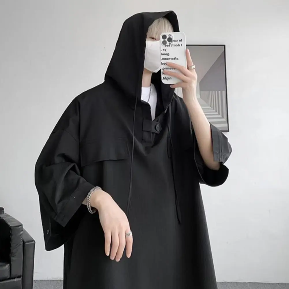 Summer Hooded T Shirt Men Korean Half Sleeve Pullover Streetwear Loose T-shirt Tops Drawstring Men Oversized Hip Hop T-shirt