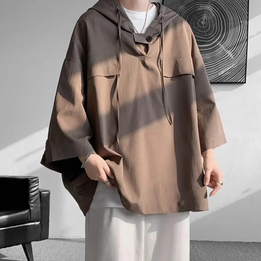Summer Hooded T Shirt Men Korean Half Sleeve Pullover Streetwear Loose T-shirt Tops Drawstring Men Oversized Hip Hop T-shirt