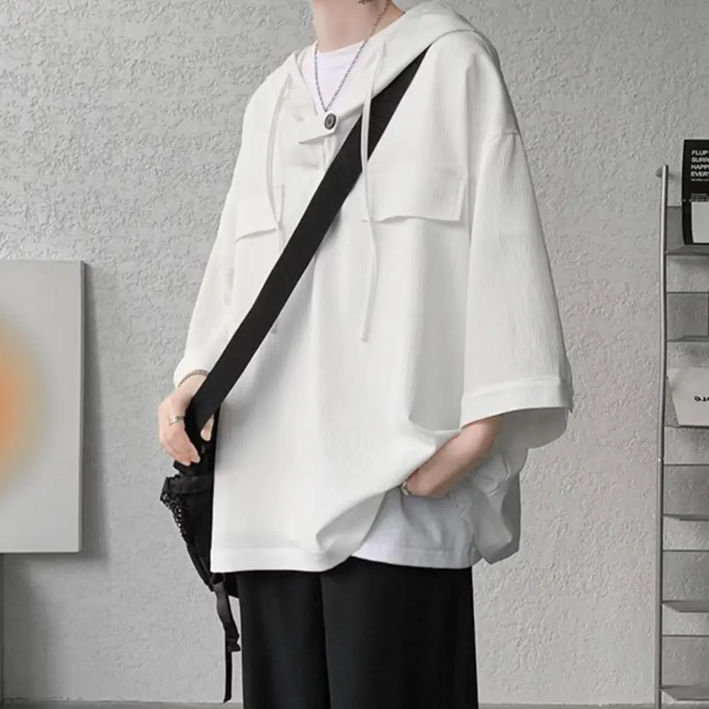 Summer Hooded T Shirt Men Korean Half Sleeve Pullover Streetwear Loose T-shirt Tops Drawstring Men Oversized Hip Hop T-shirt